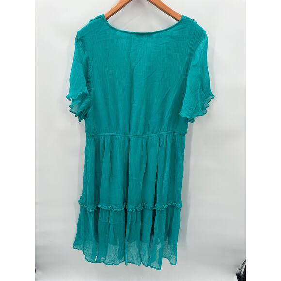 SUNDANCE CLOTHING Teal V Neck Flounce Dress // Large Petite - Picture 7 of 8